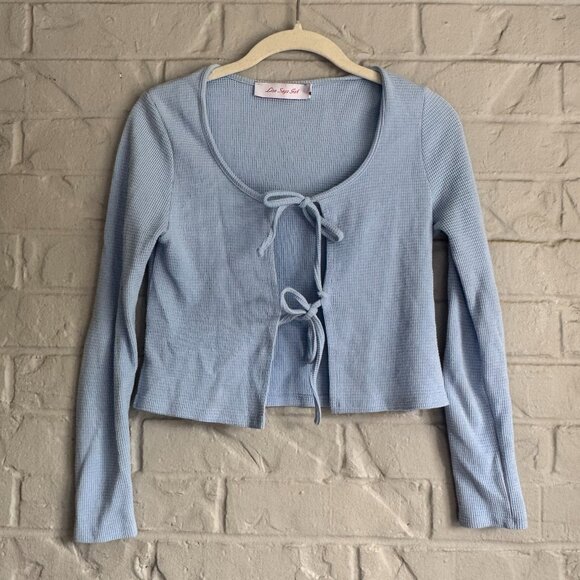 Lisa Says Gah Sweaters - Lisa Says Gah Light Blue Ribbed Tie-Front Cropped Cardigan - Size XS
